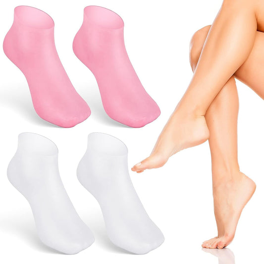 Silicone Socks 2 Pairs Aloe Socks Silicone Gel Heel Socks Anti Slip Silicone Moisturizing Socks for Women Men Dry Cracking Skin,Pink and White