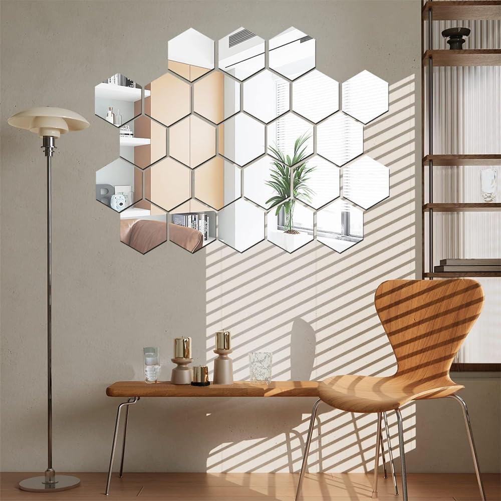 24 Pieces Hexagon Acrylic Mirror Wall Stickers Removable for Home Room Living Bedroom Decor (Silver)