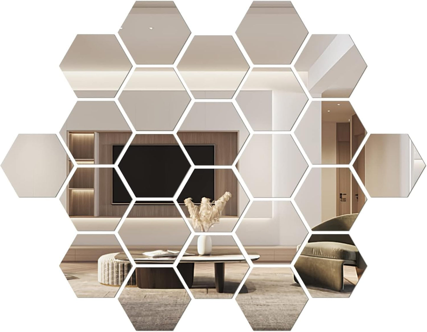 24 Pieces Hexagon Acrylic Mirror Wall Stickers Removable for Home Room Living Bedroom Decor (Silver)