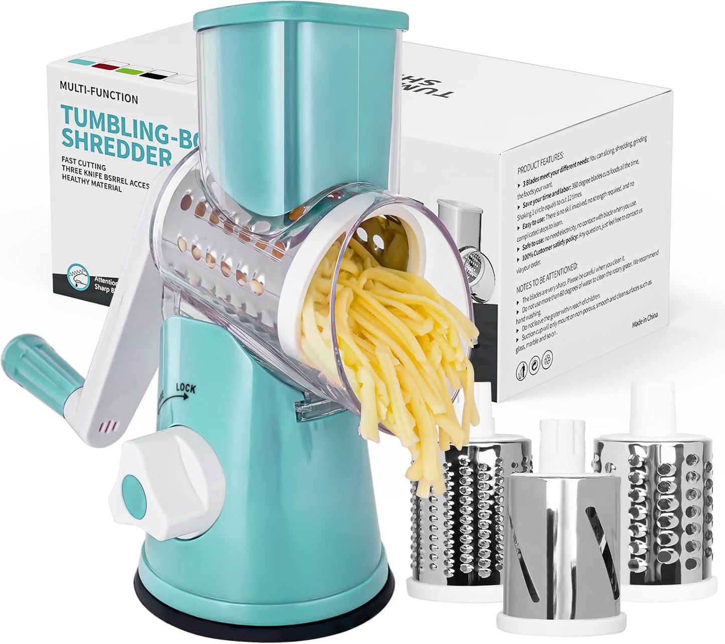 Rotary Grater, Handheld Vegetables Slicer with Rubber Suction Base, Stainless Drum Blades