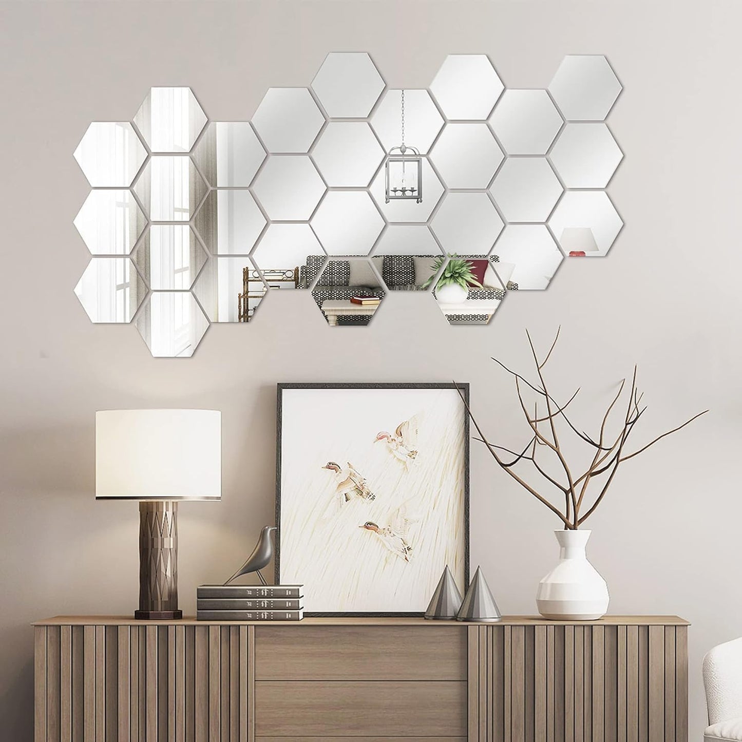 24 Pieces Hexagon Acrylic Mirror Wall Stickers Removable for Home Room Living Bedroom Decor (Silver)