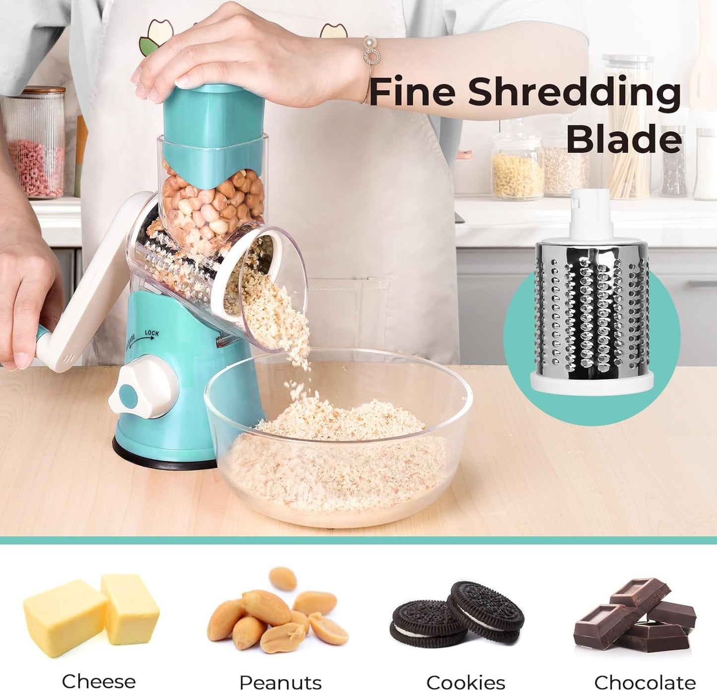 Rotary Grater, Handheld Vegetables Slicer with Rubber Suction Base, Stainless Drum Blades