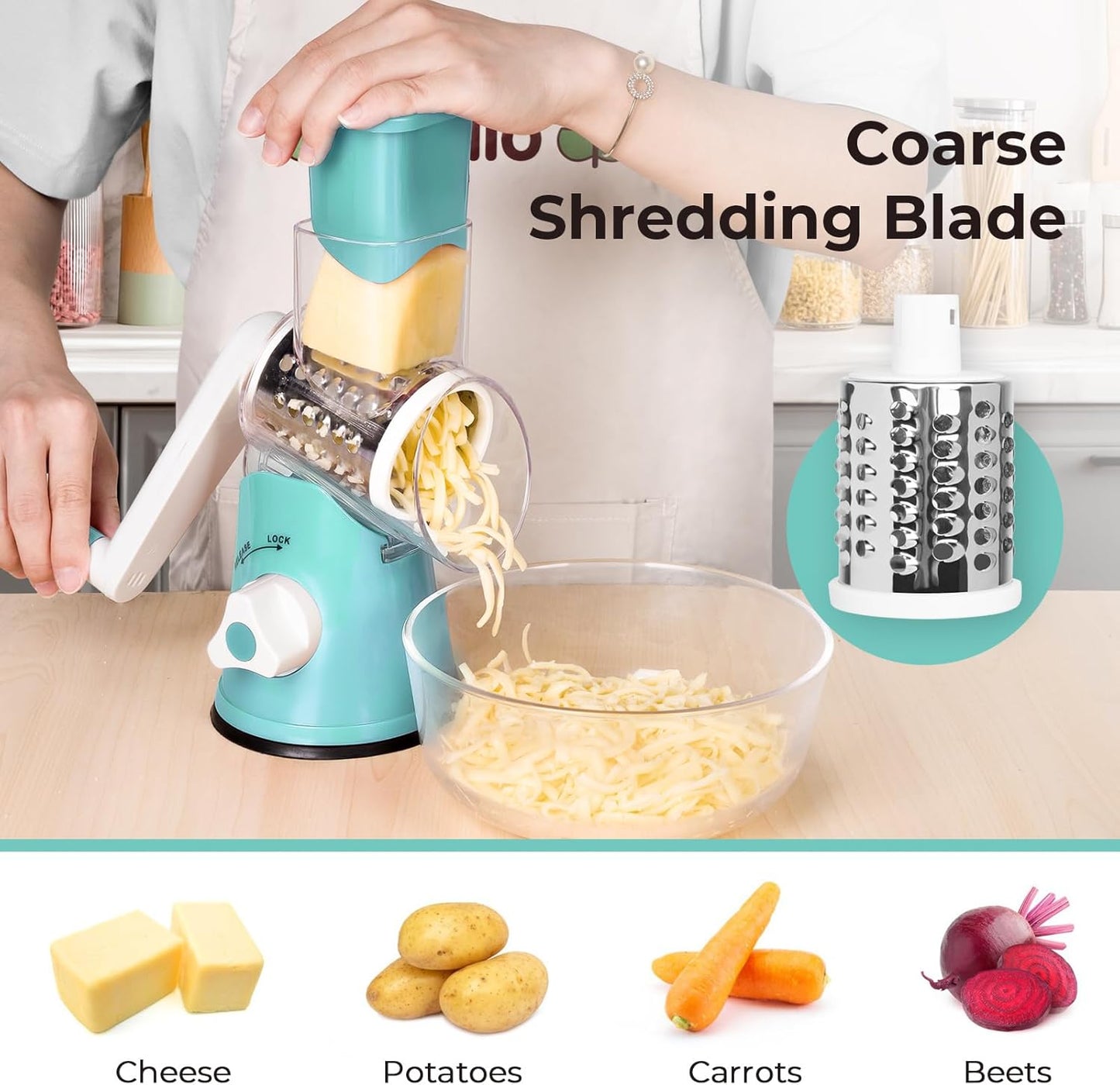 Rotary Grater, Handheld Vegetables Slicer with Rubber Suction Base, Stainless Drum Blades