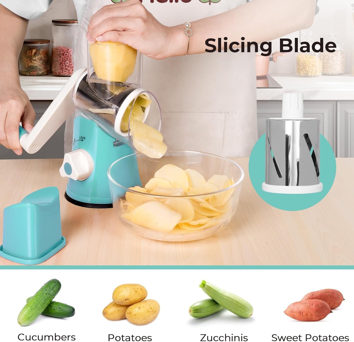 Rotary Grater, Handheld Vegetables Slicer with Rubber Suction Base, Stainless Drum Blades